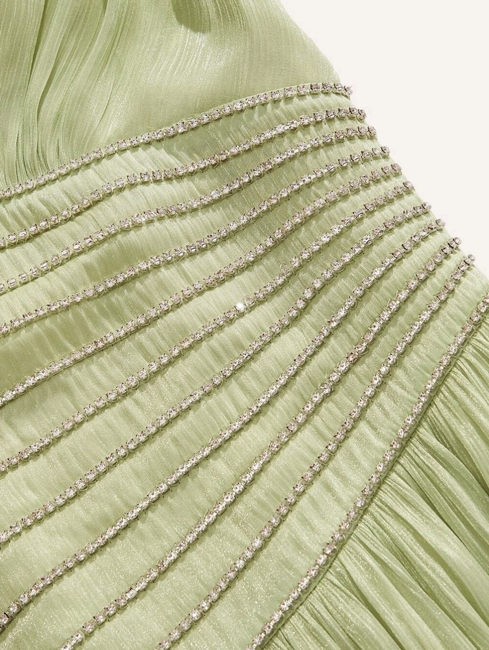 New Metallic Crinkled Halter Rhinestone Trim Maxi Dress Green - Picture 10 of 15